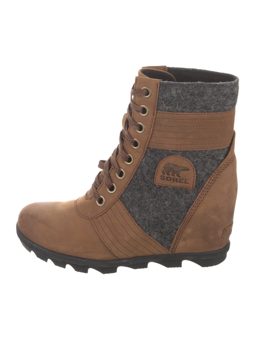 Sorel Brown Leather and Gray Felt Lace-Up Wedge Boot